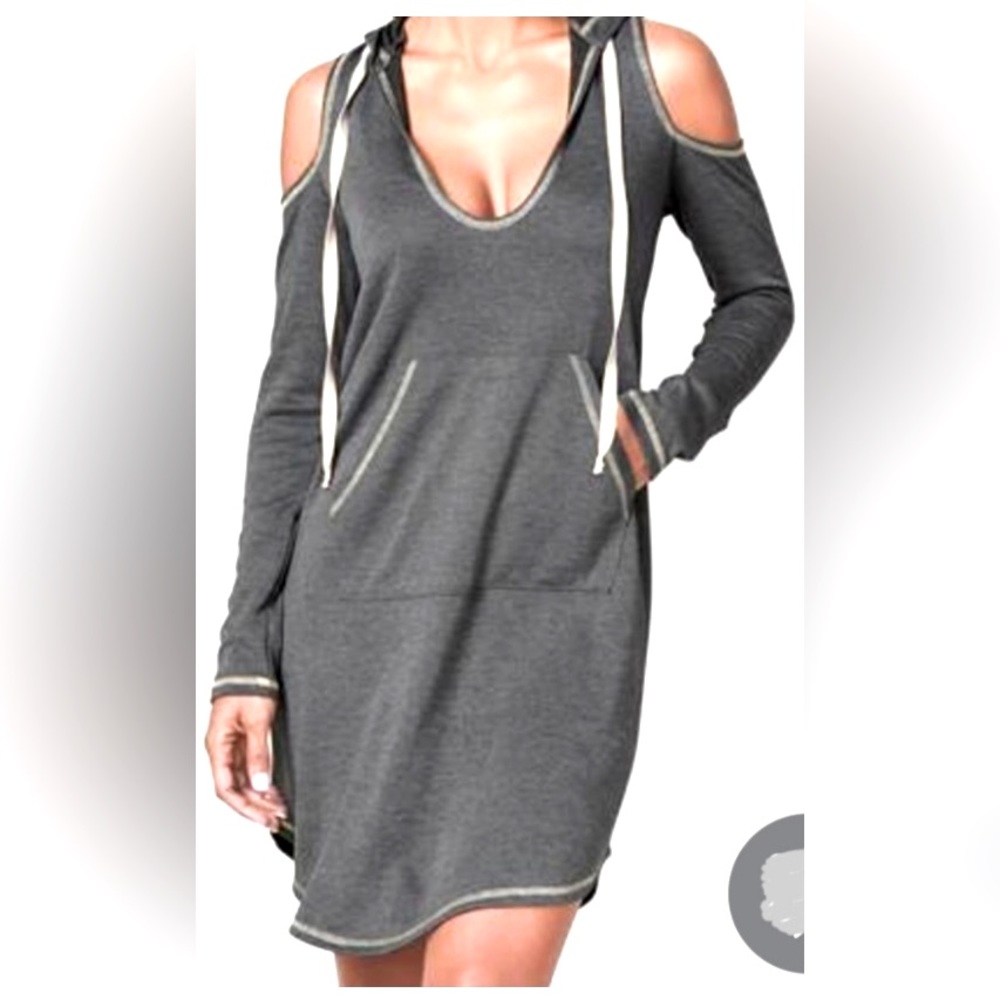 Venus Cold Shoulder Drawstring Hooded Casual / Comfy Dress in Grey